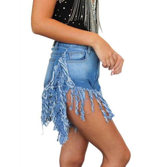NEW AMERICAN BAZI fringe festival denim short in blue - Picture 2 of 3